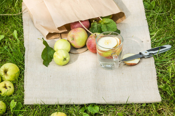 un bicchiere di bevanda di mele autunnale su uno sfondo tessile rustico, mele fresche
 - Foto, immagini