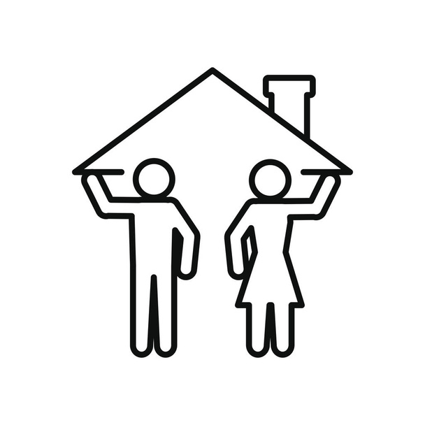 blijf thuis concept, pictogram man en vrouw met een huis dak icoon, lijn stijl - Vector, afbeelding