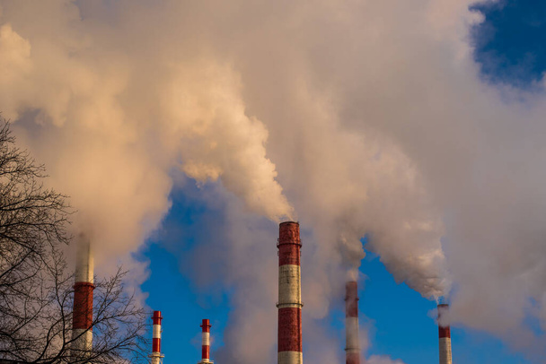 Mavi gökyüzündeki bacalardan endüstriyel duman - Fotoğraf, Görsel