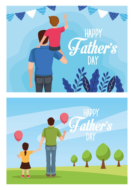 πατεράδες κάρτα ημέρας με μπαμπάδες και παιδιά χαρακτήρες - Διάνυσμα, εικόνα