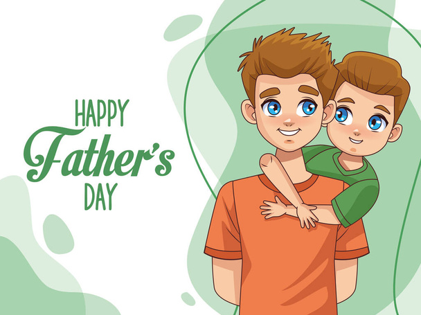 fathers day card with dad carrying son and lettering - Vector, Image