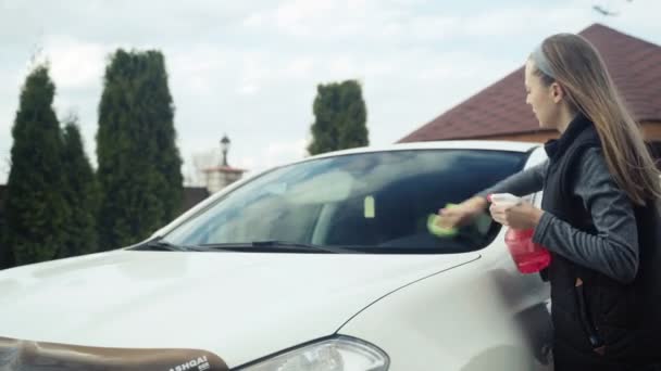 Young and cute woman cleaning her new car after wash with microfiber cloth - Video