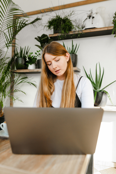 Houkutteleva vaaleat hiukset nainen istuu hipster kevyt kahvila ja käyttää kannettavaa tietokonetta, yllään muodollinen vaatteita. Muotokuva kahvilassa työskentelevästä naisfreelancerista. Pystykuva
. - Valokuva, kuva