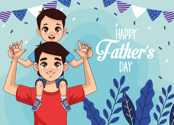 fathers day card with dad carrying son and garlands - Vector, Image