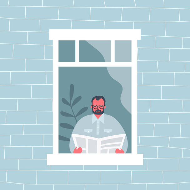 De man leest een krant bij het open raam. Uitzicht vanaf de straatkant. Rare platte stijl. Vectorillustratie - Vector, afbeelding