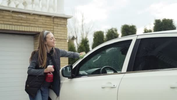 χαριτωμένο κορίτσι καθαρισμού νέο αυτοκίνητο της μετά το πλύσιμο με πανί μικροϊνών - Πλάνα, βίντεο
