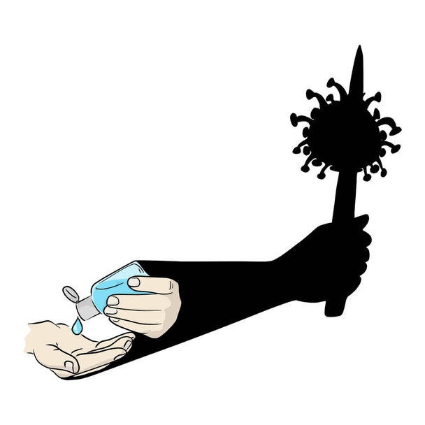 πλύσιμο χέρι με απολυμαντικό αλκοόλ μπορεί να σκοτώσει Covid-19 διάνυσμα εικονογράφηση του ιού σκίτσο doodle χέρι που απομονώνονται σε λευκό φόντο - Διάνυσμα, εικόνα