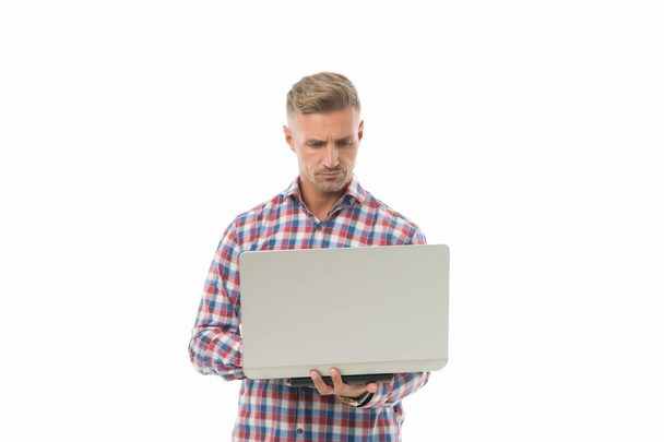 Make new connections with laptop. Handsome man use laptop isolated on white. Professional laptop computer repairman. IT tech worker. Notebook and pc. Laptop technology. Start freelancing - Fotoğraf, Görsel