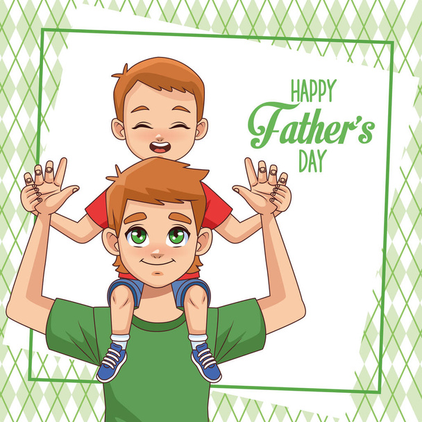 fathers day card with dad carrying son and lettering - Vector, Image