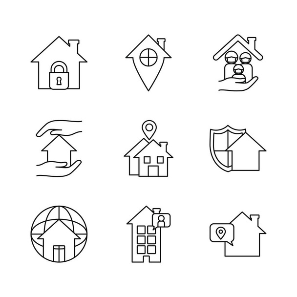 huizen en verblijf thuis pictogram set, lijn stijl - Vector, afbeelding