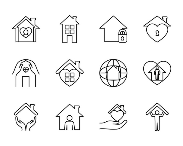 hearts and stay home icon set, line style - Vector, Image