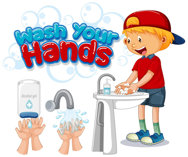 Umyjte si ruce plakát design s šťastným chlapcem ilustrace - Vektor, obrázek
