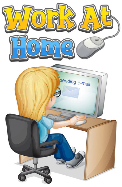 Projeto da fonte para o trabalho de casa com a menina que trabalha na ilustração do computador
 - Vetor, Imagem