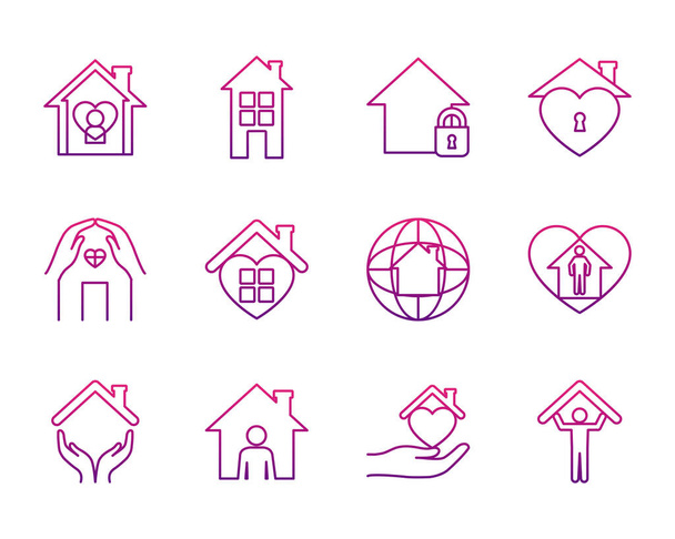hearts and stay home icon set, gradient style - Vector, Image
