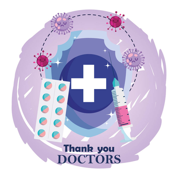 thanks you doctors, medicine syringe and packaging pills protection - Vector, Image