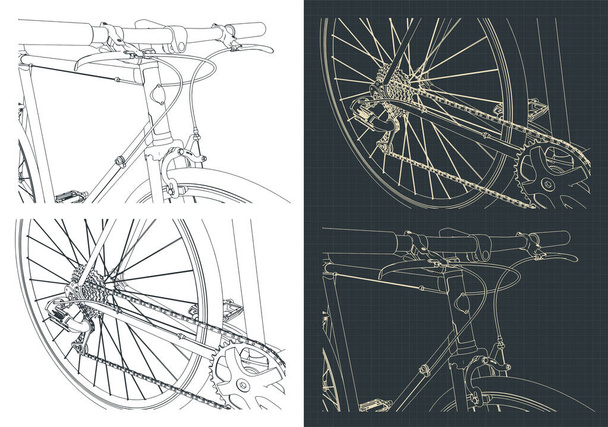 Stilisierte Vektorillustration von Umrissen und Zeichnungen eines Rennrads aus nächster Nähe - Vektor, Bild