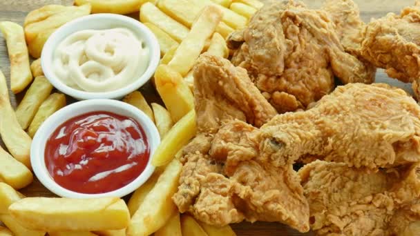 fried chicken and french fries and ketchup sauce - Footage, Video