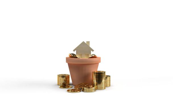 The home wood toy and gold coins in plant 3d rendering for property content. - Photo, Image