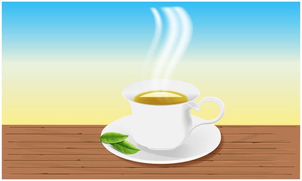 maqueta de ilustración de la taza de té con hojas sobre fondo abstracto
 - Vector, Imagen