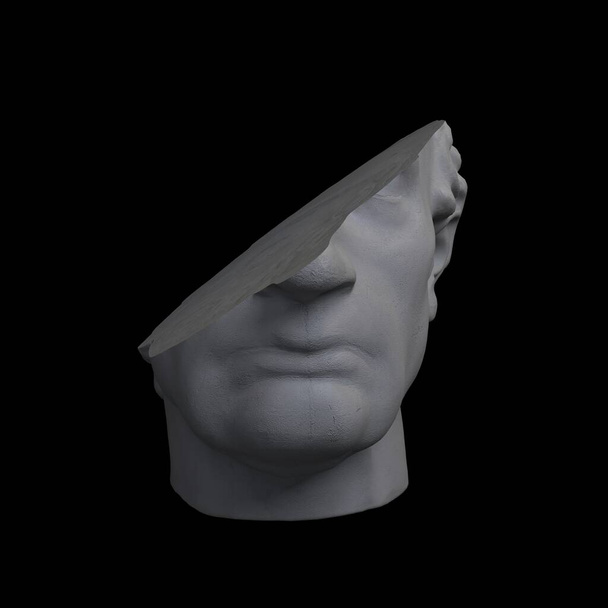Fragment de sculpture colossale de la tête de style classique dans des tons gris monochromes isolés sur fond noir. Illustration de rendu 3D
. - Photo, image