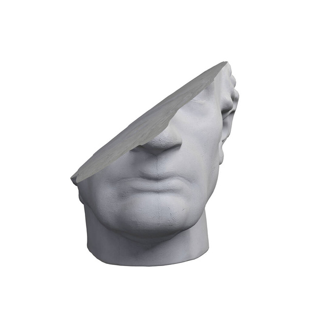 Fragmento de colosal escultura de cabeza de estilo clásico en tonos grises monocromáticos aislados sobre fondo blanco. Ilustración de representación 3D
. - Foto, imagen