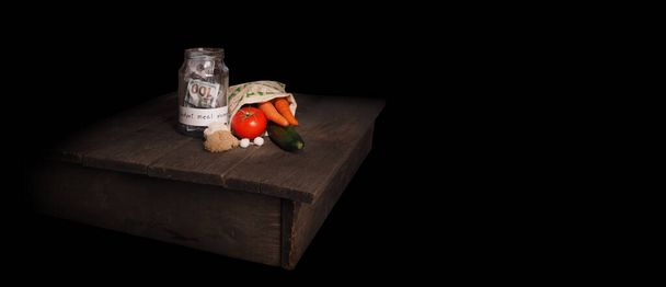 Vegan christmas concept on rustic wooden table. Budget meal planning. - Φωτογραφία, εικόνα