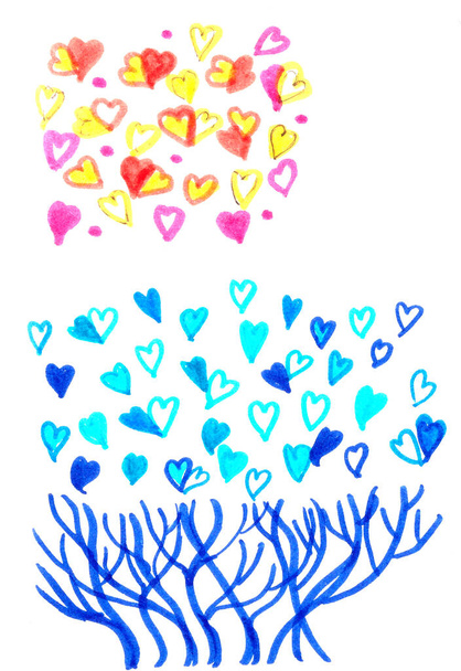 Σύνολο γραφικών στοιχείων καρδιών με μπλε και πορτοκαλί χρώματα και γυμνά κλαδιά θάμνου. Σχεδιάγραμμα υδατογραφίας. - Φωτογραφία, εικόνα
