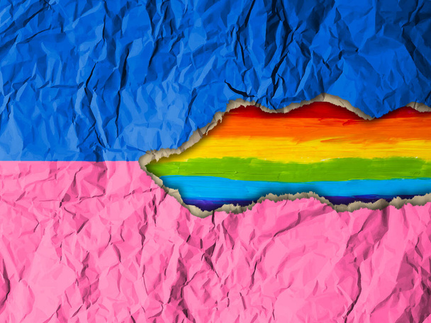 Illustration about lgbt pride, with the rainbow flag coming up in the middle of a blue and pink paper background. - Photo, Image