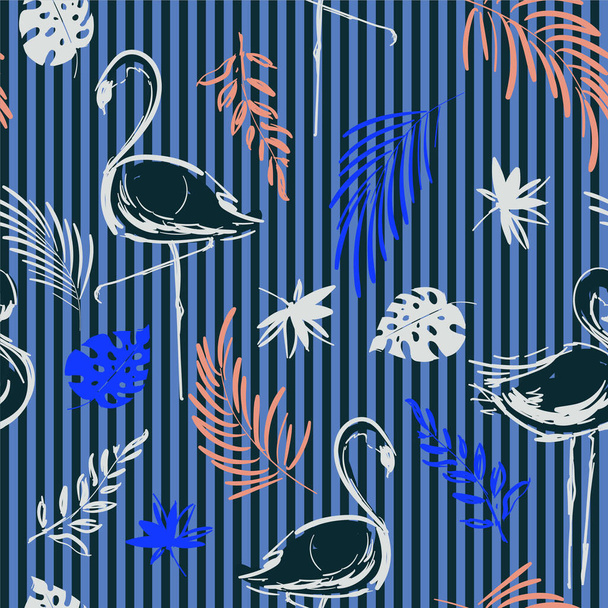 Beautiful hand drawing contrast tropical motif vector flamingo bird,leaves,tropical leaves,pattern on stripe black and blue  background. - Wektor, obraz