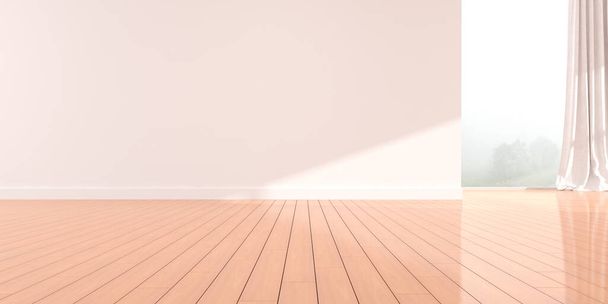 Mock-up του λευκού άδειο δωμάτιο και ξύλο laminate πάτωμα με φως ήλιο ρίχνει τη σκιά στον τοίχο, Προοπτική του minimal εσωτερικό σχεδιασμό με λευκό κουρτίνα. 3D απόδοση. - Φωτογραφία, εικόνα