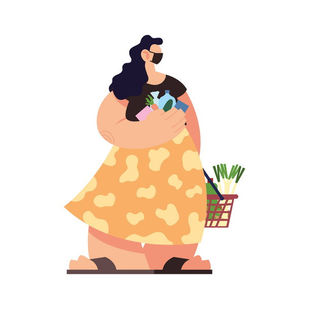 жінка з медичною маскою та кошиком для супермаркетів на білому тлі
 - Вектор, зображення