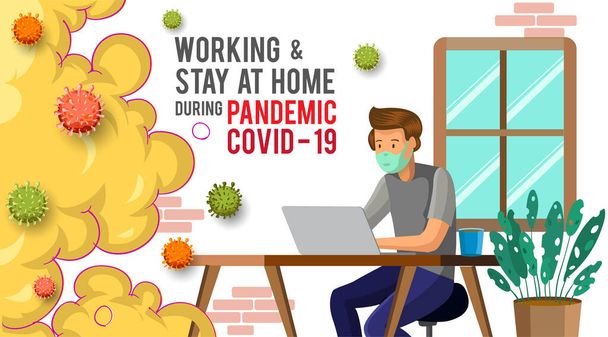 a man working from home preventing from corona virus, pandemic corona, work from home. Vector illustration. - Διάνυσμα, εικόνα