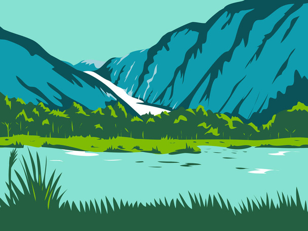 Retro WPA ilustracja lodowca Fox i lodowca Franz Josef na Wyspie Południowej Nowej Zelandii wykonane w pracach administracji projektu lub federalnym stylu projektu artystycznego. - Wektor, obraz