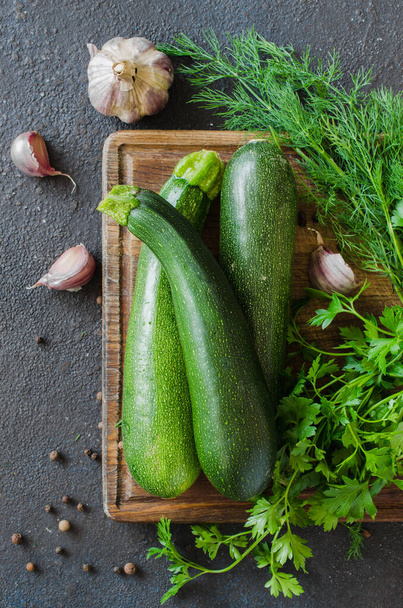 Organic zucchini, garlic and parsley, herbs and spices. Fresh farm products - Photo, Image