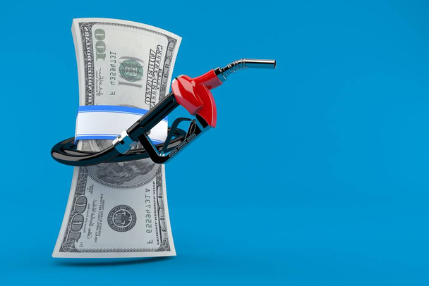 Boquilla de gasolina con dinero aislado sobre fondo azul. ilustración 3d
 - Foto, imagen
