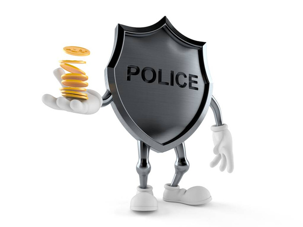 Polizeiabzeichen Charakter mit Stapel von Münzen isoliert auf weißem Hintergrund. 3D-Illustration - Foto, Bild