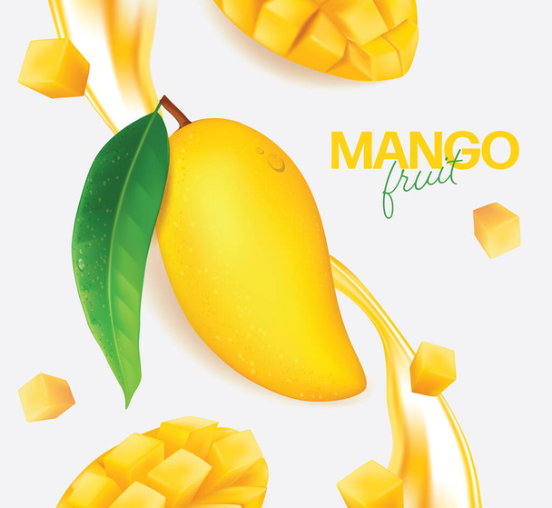 Dilimler ve yapraklarla taze mango Vektör illüstrasyonu  - Vektör, Görsel