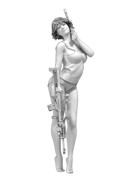 3d иллюстрация соблазнительной женщины, позирующей с оружием
 - Фото, изображение