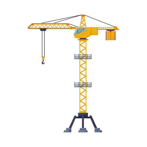 黄色産業クレーン重い高架建設機械フラットベクトルイラスト - ベクター画像