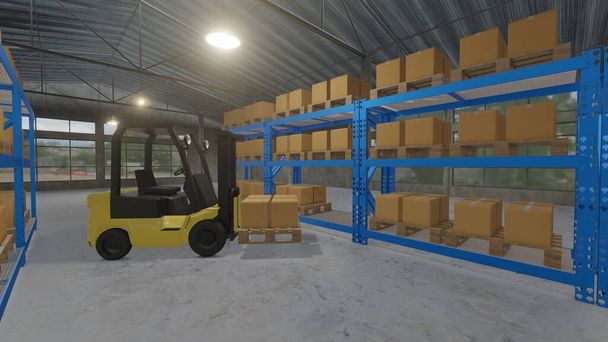 Forklift kamyonu depodaki raflarda depolamak için karton ürün yüklüyor. - Fotoğraf, Görsel
