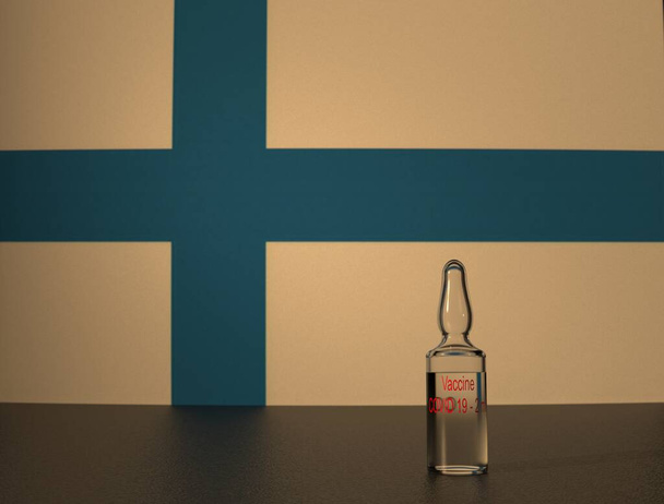COVID 19 virus vaccine against the backdrop of the Finland flag. Close-up. - Photo, Image