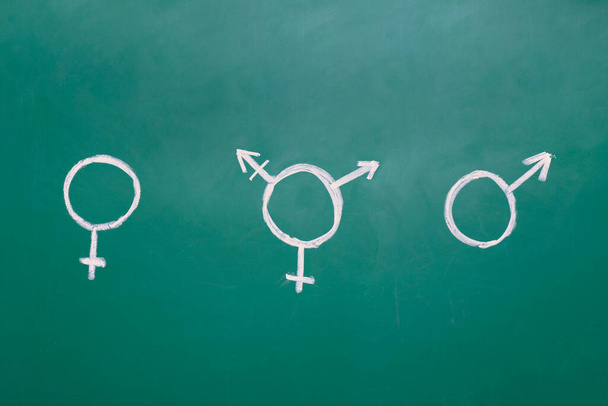 Símbolos de homem, mulher e transexual sobre fundo de cor
 - Foto, Imagem