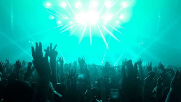 La gente feliz baila en el concierto de fiesta de DJ de discoteca y escucha música electrónica de DJ en el escenario. Silueta alegre multitud celebrar la fiesta de Año Nuevo 2020. Personas estilo de vida DJ vida nocturna
. - Foto, Imagen