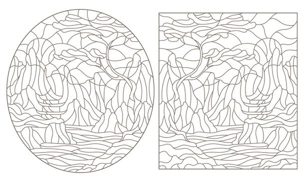 Set contourillustraties in glas-in-lood stijl met berg Oosterse landschappen met tempels aan de oever van het meer, donkere contouren op een witte achtergrond - Vector, afbeelding