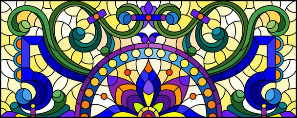 Ilustrace ve stylu barevného skla s abstraktními víry, květy a listy na žlutém pozadí, horizontální orientace - Vektor, obrázek