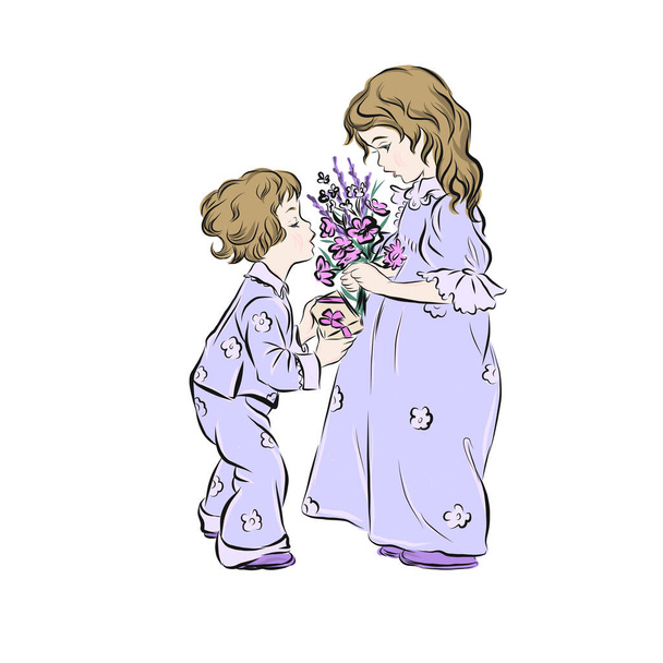 Jongen geeft aan meisje boeket van wilde bloemen en geschenkdoos gebonden met een lila satijnen lint. Ontwerp voor een gelukkige verjaardag of Internationale Vrouwendag wenskaart. - Vector, afbeelding