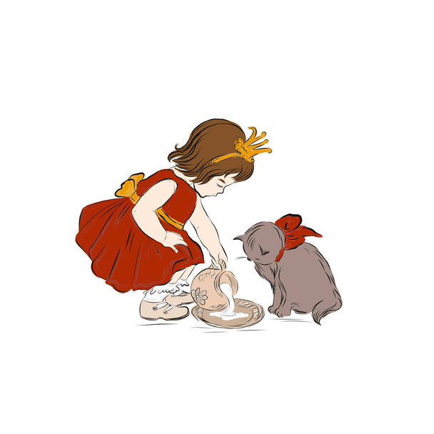 Księżniczka dziewczyna w koronie i czerwony strój wylewa mleko do kota.  - Wektor, obraz