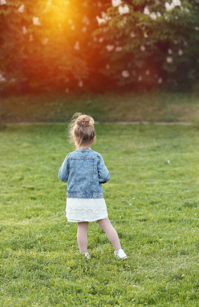 Una niña pequeña en una chaqueta de mezclilla camina en el parque donde la hierba verde y el césped al atardecer. Concepto naturaleza y personas. Infancia. Verano. Naturaleza
 - Foto, Imagen