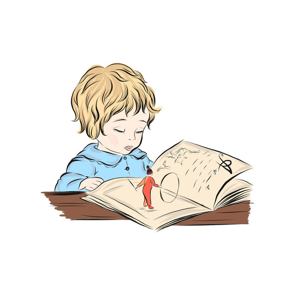  Baby boy looking at an open book. Reading kindergarten kid. - Vector, Image
