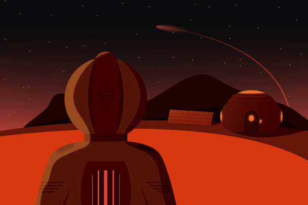 Roter Planet mit Wohnmodul, Sonnenkollektoren, Berg und einer fliegenden Rakete im Hintergrund. Ein Astronaut im Raumanzug auf dem Mars. Neue Welten erforschen. Vector Illustration Design für Ihr Projekt und Geschäft.  - Vektor, Bild